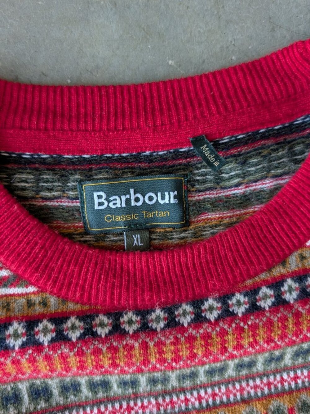 Barbour Case Fair Isle Crewneck Sweater Red Striped Merino Wool Cashmere size XL - Picture 5 of 8